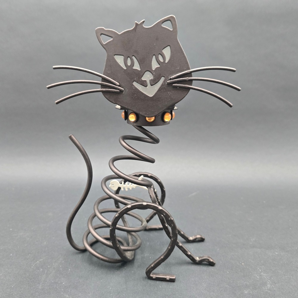 Party lite Metal Black Cat Halloween Tea Light Holder Amber Gem Collar 7.5"